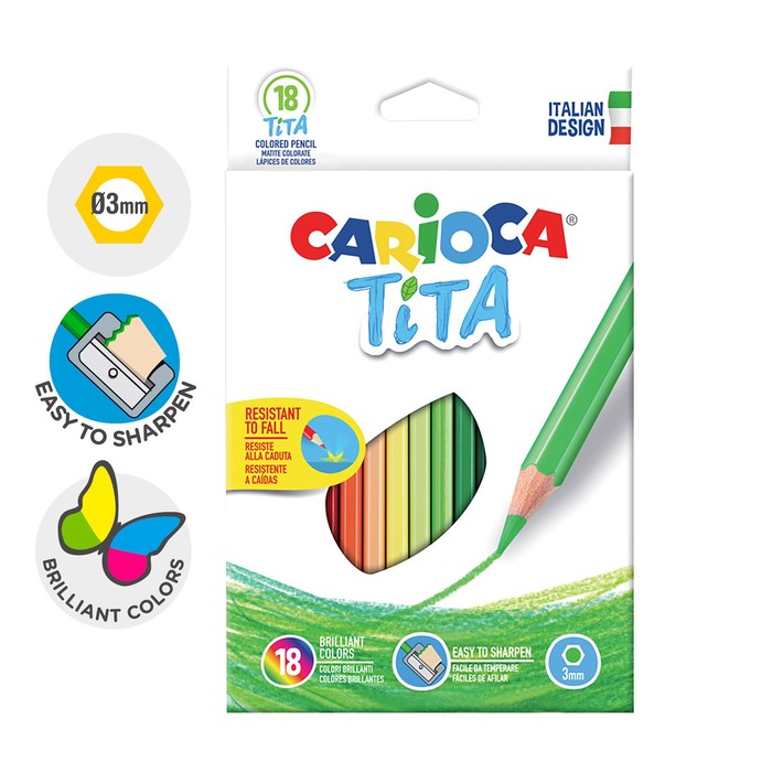 Карандаши 18 цветов Carioca Tita, яркий ударопрочный грифель 3.0 мм, шестигранные, пластиковые, картон, европодвес - Фото 1