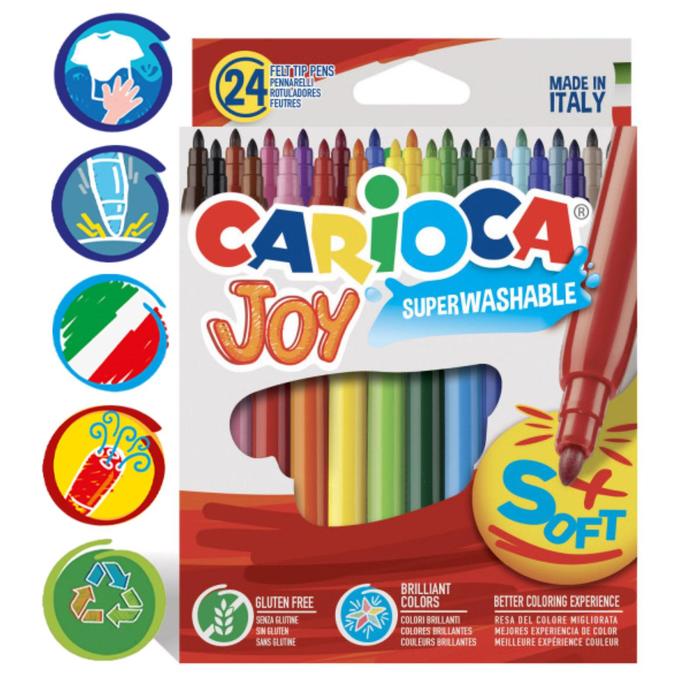 Фломастеры 24 цвета, Carioca "Joy", тонкий наконечник,  увеличенный ресурс, суперяркие, легко смываемые и нетоксичные чернила, европодвес