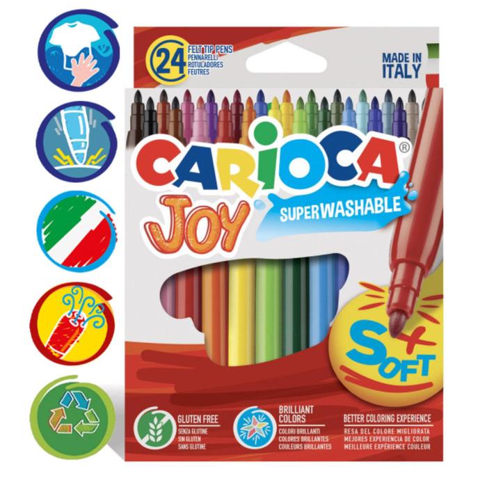 Фломастеры 24 цвета Carioca Joy, 2.6 мм, смываемые, увеличенный ресурс, суперяркие, европодвес - Фото 1