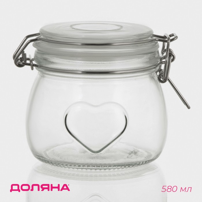 Банка для сыпучих Доляна «Сердце», 580 мл, 10.5×10 см, с бугельным замком, стекло, прозрачная - Фото 1