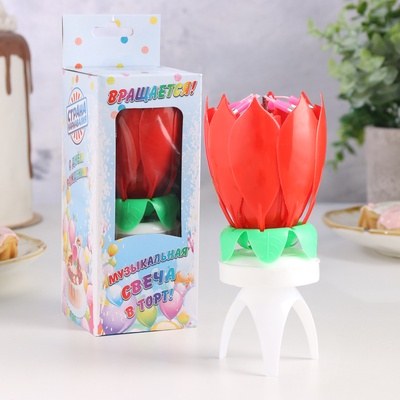 Свеча для торта музыкальная «Тюльпан», крутящаяся, красная, 14.5×6 см