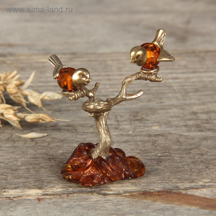 Сувенир из латуни и янтаря "Птички на дереве" - Фото 1