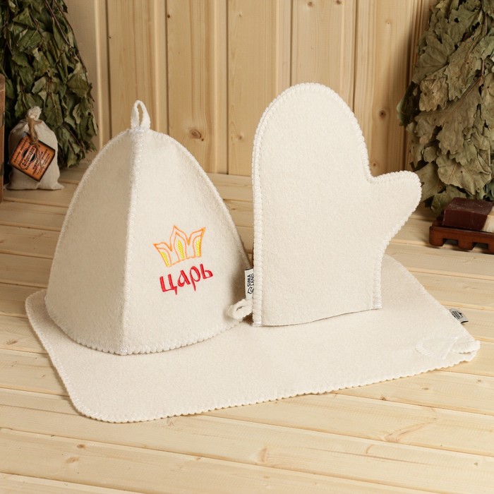 Набор для бани и сауны «Царь», 3 предмета: шапка, коврик, рукавица, «Добропаровъ» - Фото 1