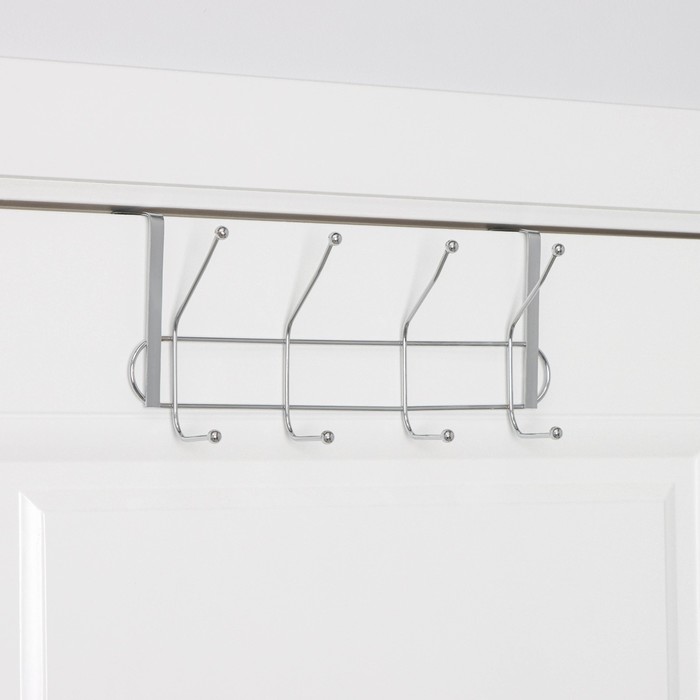 Вешалка на дверь на 4 двойных крючка Доляна «Блеск», 31×15×11 см, цвет хром - Фото 1