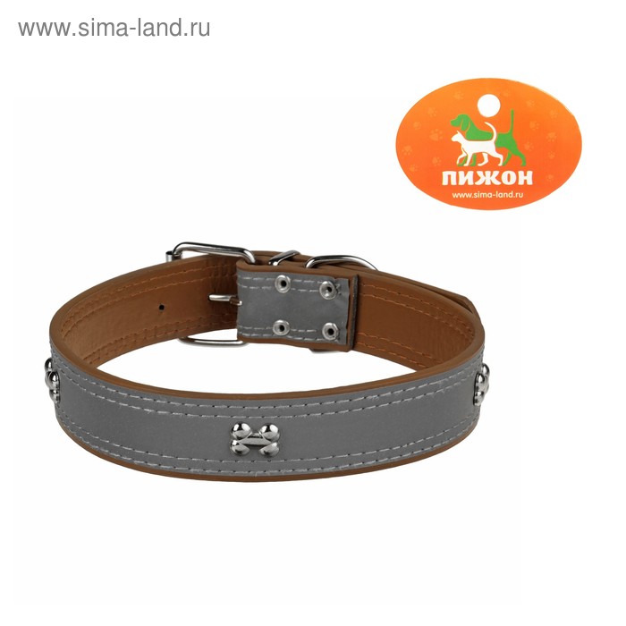 Ошейник широкий с косточками светоотражающий, 66 х 3,5 см,ОШ 48-58, коричневый - Фото 1