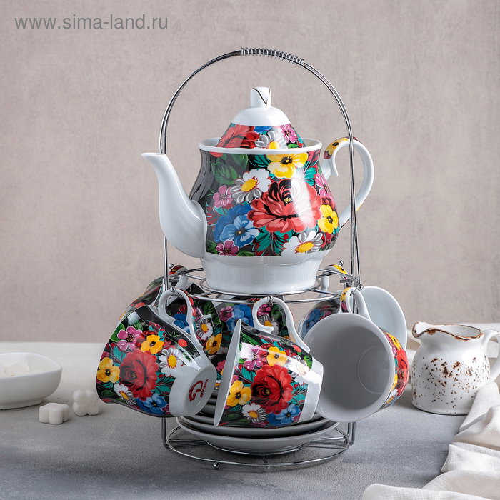 Сервиз чайный Доляна «Русский узор», 13 предметов: чайник 1 л, 6 чашек 210 мл, 6 блюдец - Фото 1