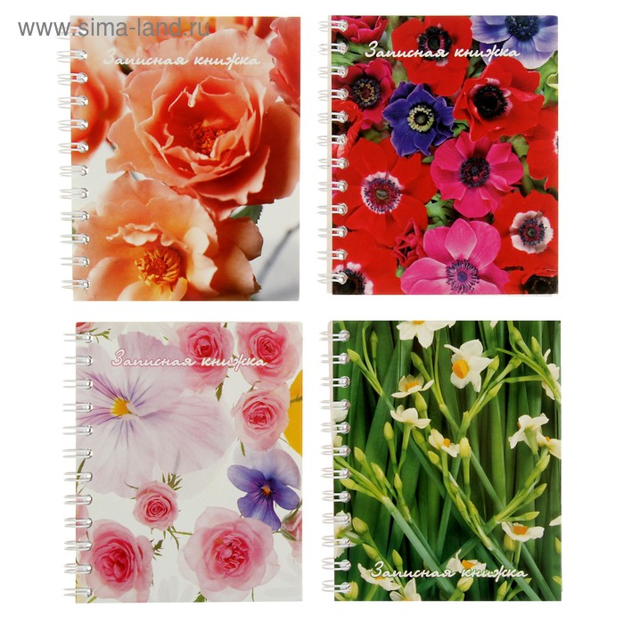 Записная книжка А7, 60 листов на гребне "Цветы", картонная обложка, УФ-лак, 5 видов микс - Фото 1