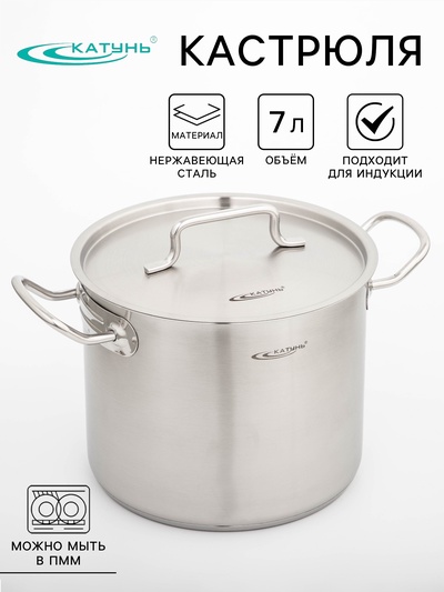 Кастрюля Катунь «Общепит», 7 л, d=22 см, h=18 см, капсульное дно, индукция, нержавеющая сталь
