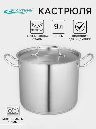 Кастрюля Катунь «Общепит», 9 л, d=24 см, h=20 см, капсульное дно, индукция, нержавеющая сталь