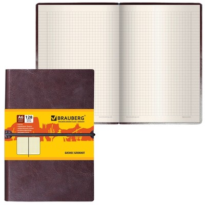 Бизнес-блокнот А6, 128 листов, BRAUBERG Western, искусственная кожа, гладкая, на резинке, коричневый