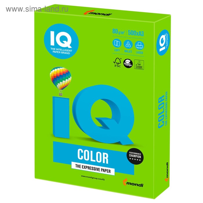 Бумага цветная А3 500 л, IQ COLOR Intensive, 80 г/м2, зеленая, MA42 - Фото 1