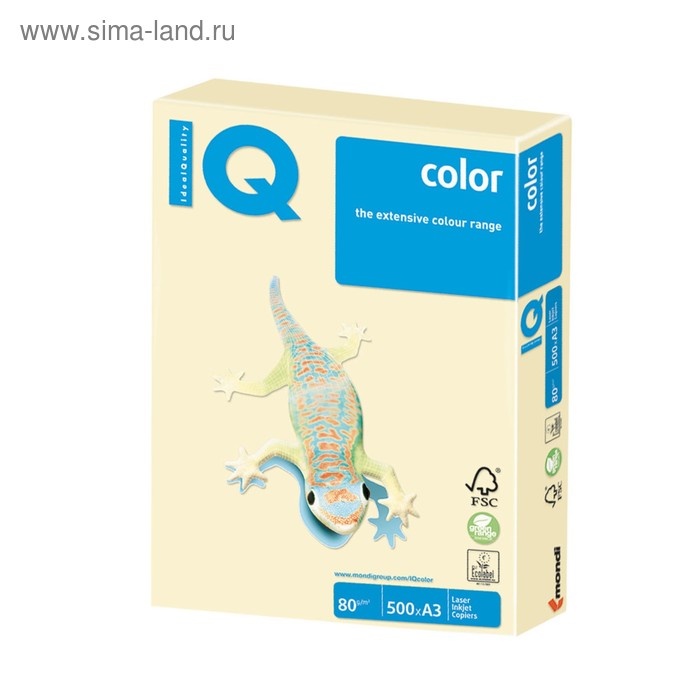 Бумага цветная А3 500 л, IQ COLOR, 80 г/м2, пастель ванильная, BE66 - Фото 1