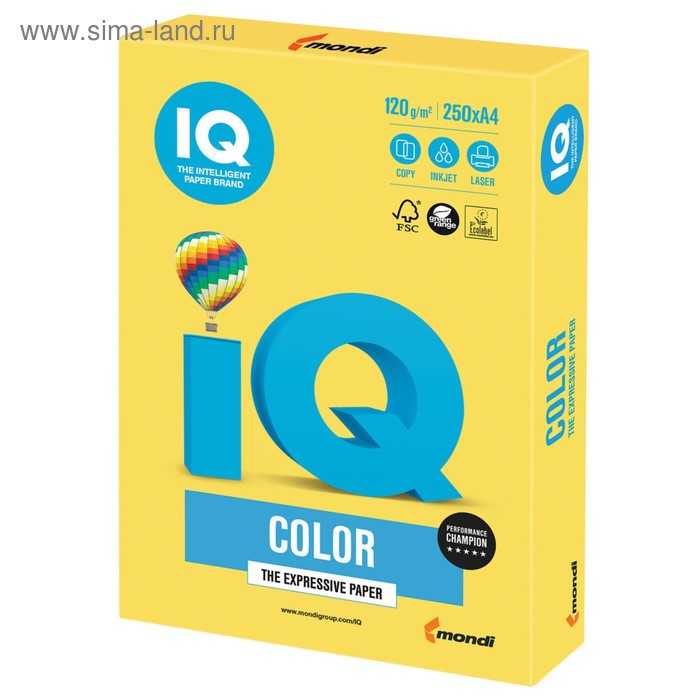 Бумага цветная А4 250 л, IQ COLOR Intensive, 120 г/м2, желтая, CY39 - Фото 1