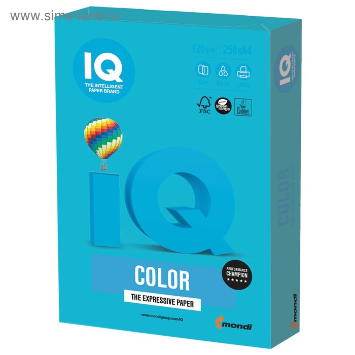 Бумага цветная А4 250 л, IQ COLOR Intensive, 120 г/м2, синяя, AB48 - Фото 1