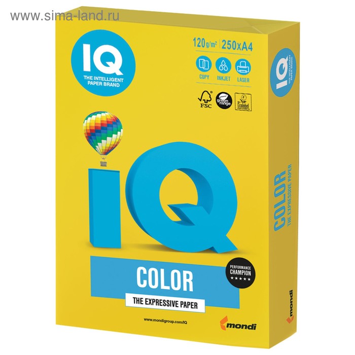 Бумага цветная А4 250 л, IQ COLOR Intensive, 120 г/м2, желтая, IG50 - Фото 1