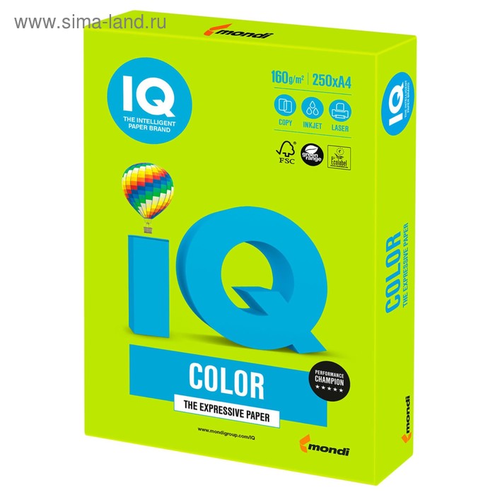 Бумага цветная А4 250 л, IQ COLOR Intensive, 160 г/м2, зелёная липа, LG46 - Фото 1