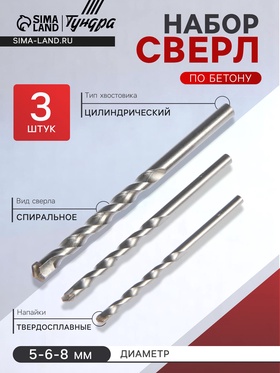 Набор сверл по бетону, цилиндрический хвостовик, 5-6-8 мм, 3 шт.
