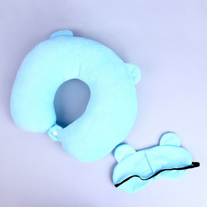 Подголовник «Мишка», с маской для сна, цвет голубой - фото 1906905968