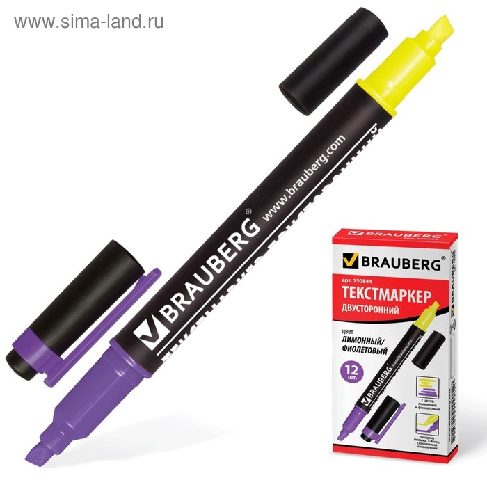 Маркер текстовыделитель двусторонний 4 мм, BRAUBERG, лимонный/фиолетовый - Фото 1