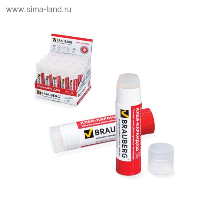 Клей-карандаш ПВП 15 г BRAUBERG, прозрачный - Фото 1