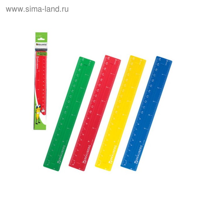 Линейка 20 см, BRAUBERG Crystal Vivid, флюоресцентная, микс - Фото 1