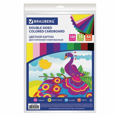 Картон цветной BRAUBERG Kids series, А4, 100 листов, 10 цветов, двусторонний, тонированный