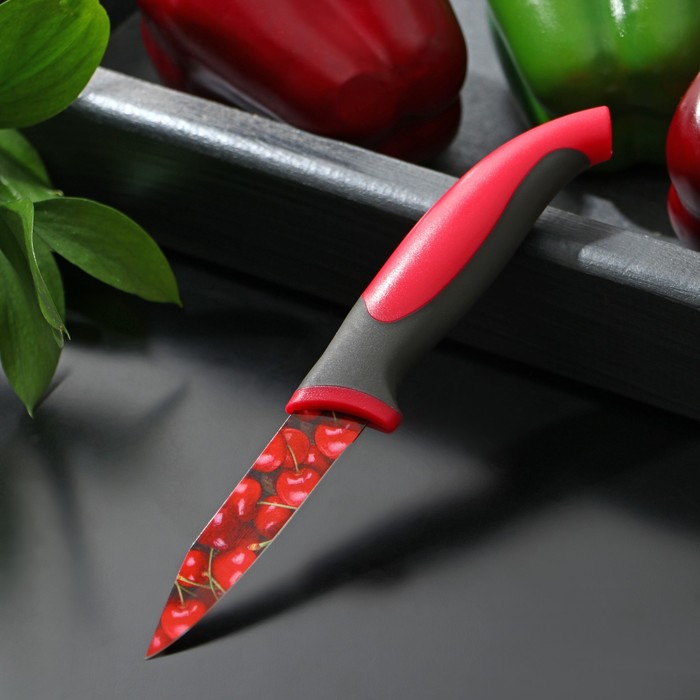 Нож кухонный с антиналипающим покрытием Доляна «Вишенки», лезвие 8 см - Фото 1