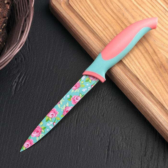 Нож кухонный с антиналипающим покрытием Доляна «Цветочки», лезвие 12 см - фото 1906906289