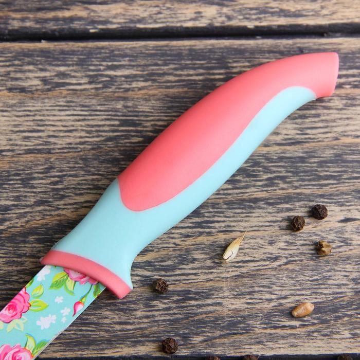 Нож кухонный с антиналипающим покрытием Доляна «Цветочки», лезвие 12 см - фото 1906906292
