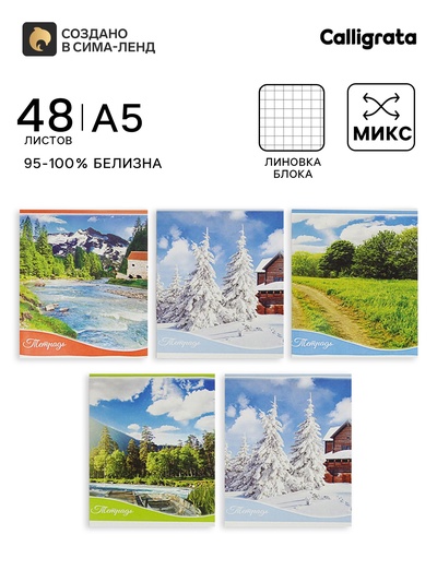 Тетрадь 48 листов в клетку, Calligrata «Времена года», МИКС