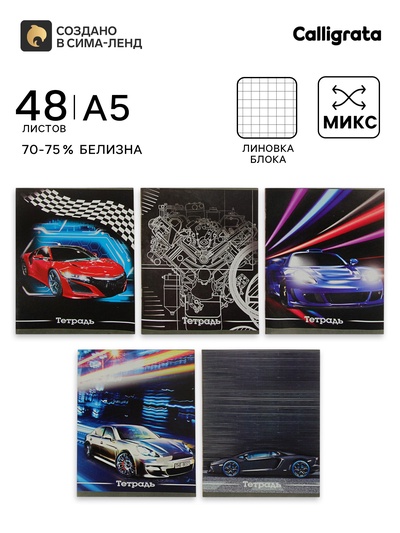 Тетрадь 48 листов в клетку, Calligrata «Авто», серые листы, МИКС