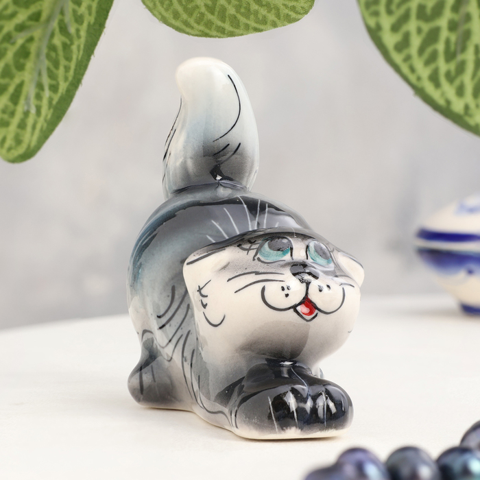 Сувенир  «Котик», сидячий, полосатый темный, гжель - Фото 1