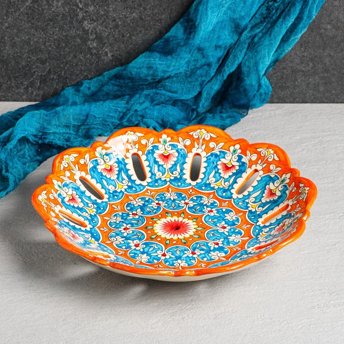 Фруктовница узбекская Риштанская Керамика «Цветы», 33×6 см, оранжевая - Фото 1