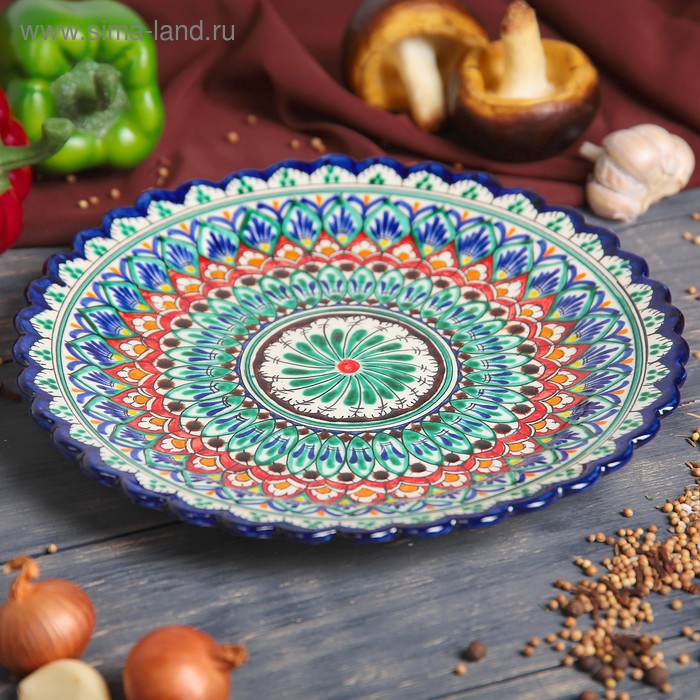 Тарелка Риштанская Керамика "Цветы", синяя, рельефная, 25см - Фото 1