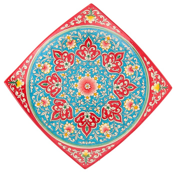 Ляган Риштанская Керамика "Цветы", 33 см, квадратный, красный - фото 1883350545
