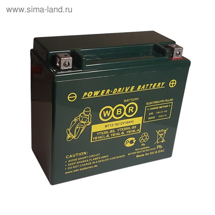 Аккумулятор WBR 18Ач обратная полярность MT12-18 YTX20L-BS,YTX20HL-BS,YB16CL-B,YB16L-B - Фото 1