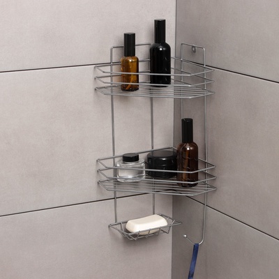 Полка угловая с мыльницей и вешалкой 2-х ярусная, 25.5×42.5 см, цвет хром