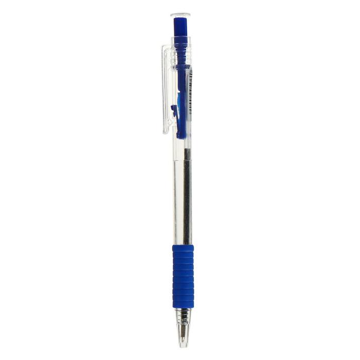 Ручка шариковая, автоматическая, 0.7 мм, корпус прозрачный, стержень синий, с резиновым держателем, масляная основа