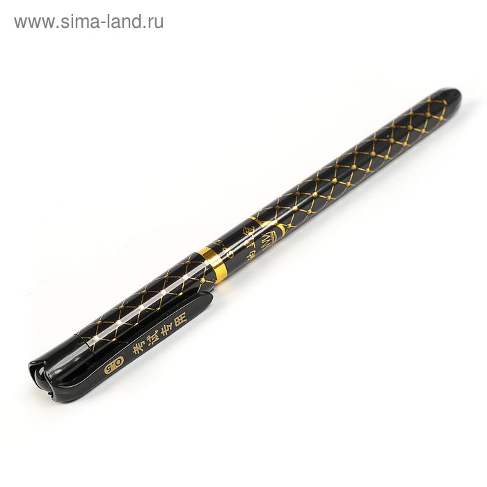 Ручка гелевая 0,5мм синяя, корпус черный с золотыми ромбиками с рифленым держателем - Фото 1