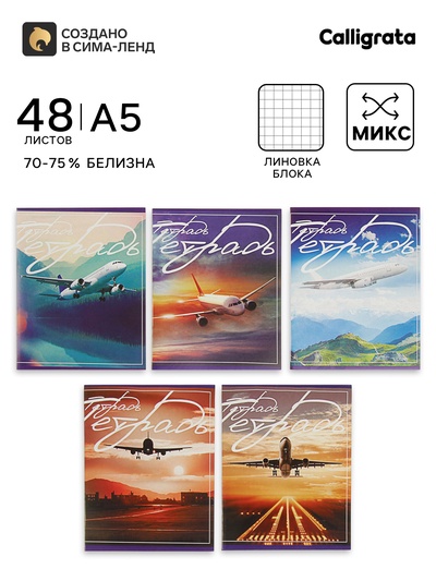 Тетрадь 48 листов в клетку, Calligrata «Самолеты», серые листы, МИКС