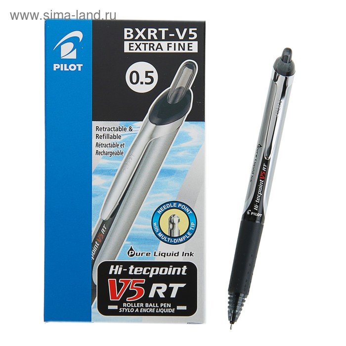 Ручка-роллер автоматическая PILOT Hi-Tecpoint V5 RT, узел-игла 0.5мм, линия 0.25мм, чернила чёрные - Фото 1