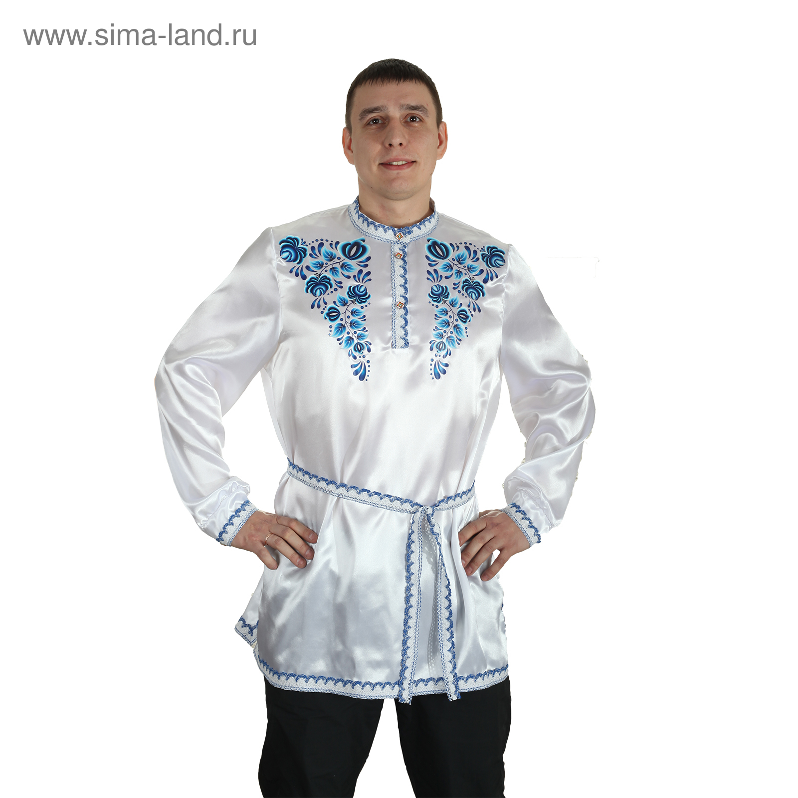 Рубаха русская мужская «Синие цветы», атлас, р. 48–50, цвет белый ...