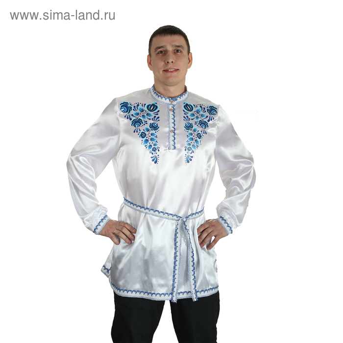 Рубаха русская мужская «Синие цветы», атлас, р. 48–50, цвет белый - Фото 1