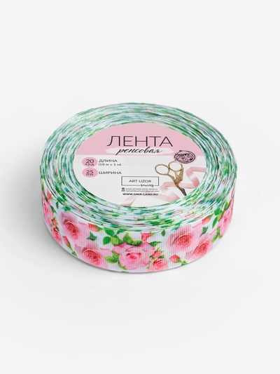 Лента репсовая «Розы», 25 мм, 18±1 м, белая, розовая
