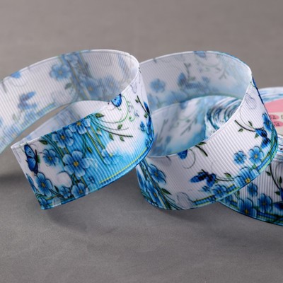 Лента репсовая «Цветы с бабочками», 25 мм, 18 ± 1 м, цвет синий