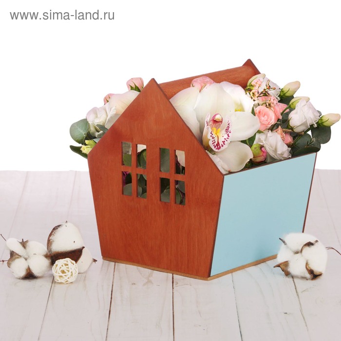 Деревянный ящик‒домик коричнево‒голубой, 15 × 16.5 × 18.5 см - Фото 1