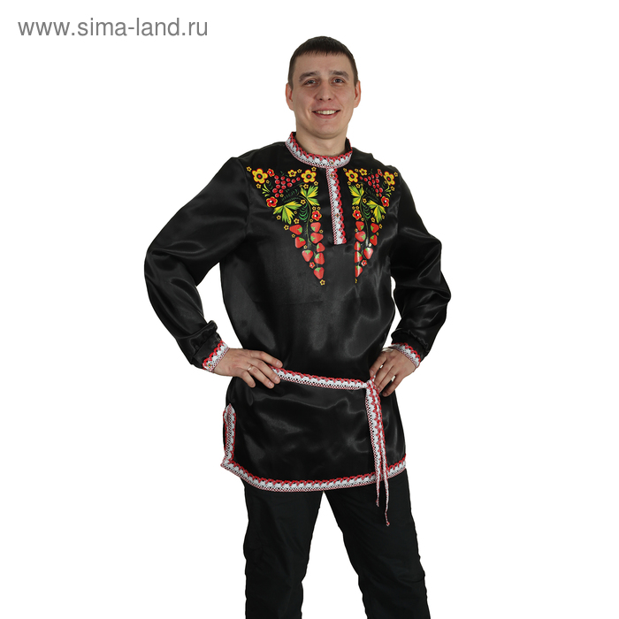 Рубаха русская мужская "Хохлома. Ягоды", атлас, р-р 52-54, цвет чёрный - Фото 1