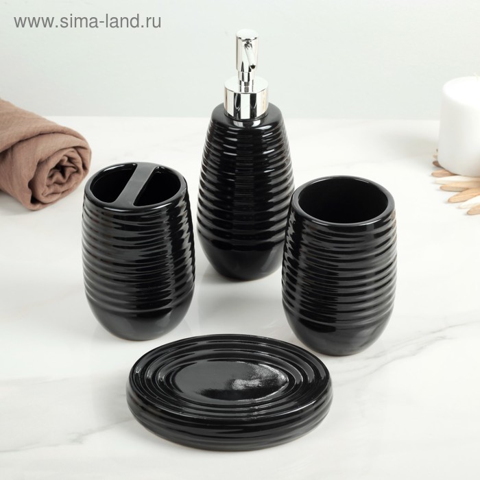 Набор аксессуаров для ванной комнаты «Улей», 4 предмета (мыльница, дозатор для мыла, 2 стакана), цвет чёрный - Фото 1