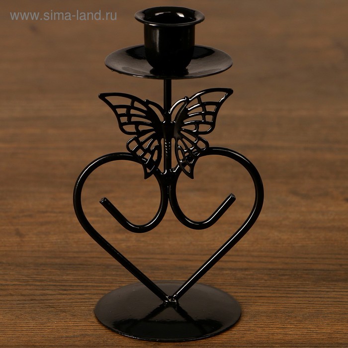 Подсвечник металл на 1 свечу "Бабочка и сердце" чёрная 16х9х7,5 см - Фото 1