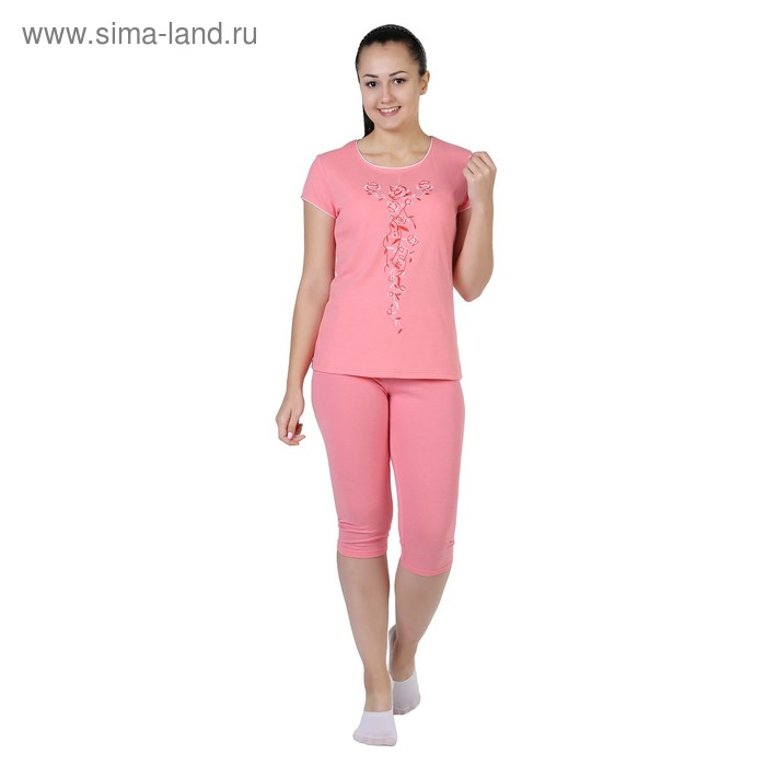 Пижама женская (футболка, бриджи) Вьюнок цвет коралл, р-р 44 - Фото 1